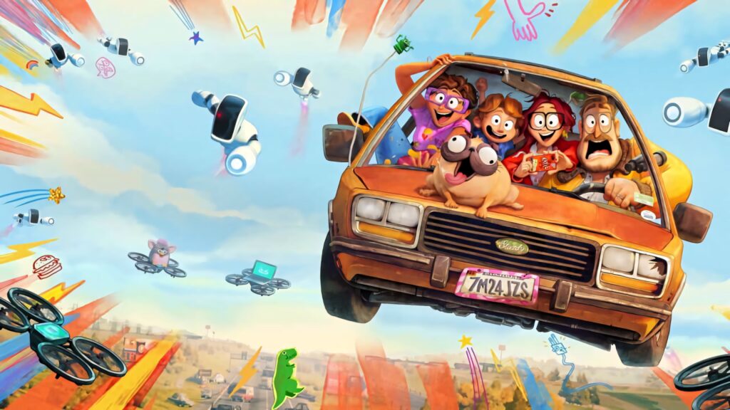 Vibrant Mitchell Family Road Trip Wallpaper with Futuristic Gadgets