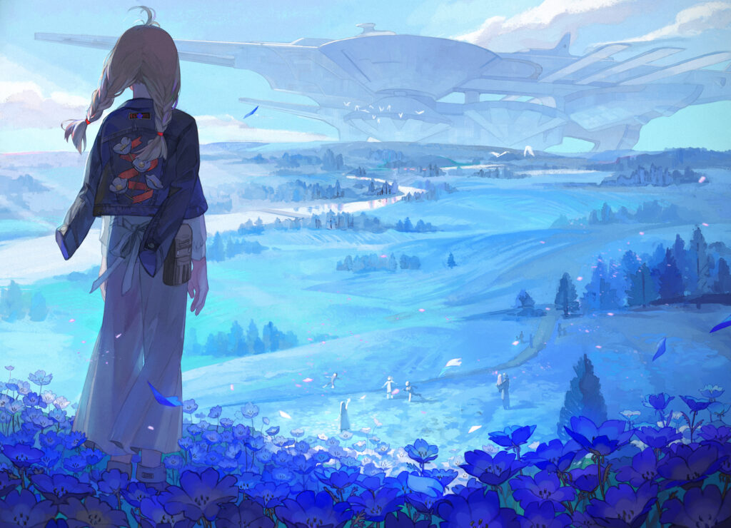 Enchanting Fantasy Anime Wallpaper: Girl in Blue Flower Field