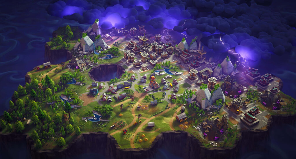 Vibrant 3D Fantasy Island Wallpaper with Mystic Clouds & Lightning