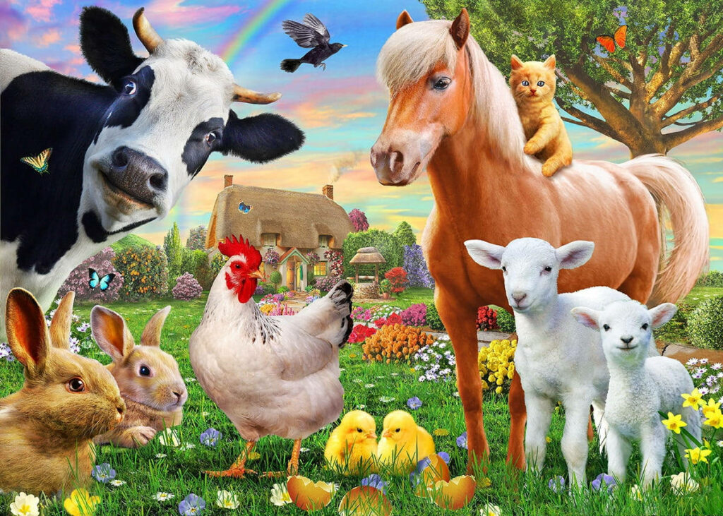 Charming Farm Animals Wallpaper: Cottage & Rainbow in Idyllic Landscape