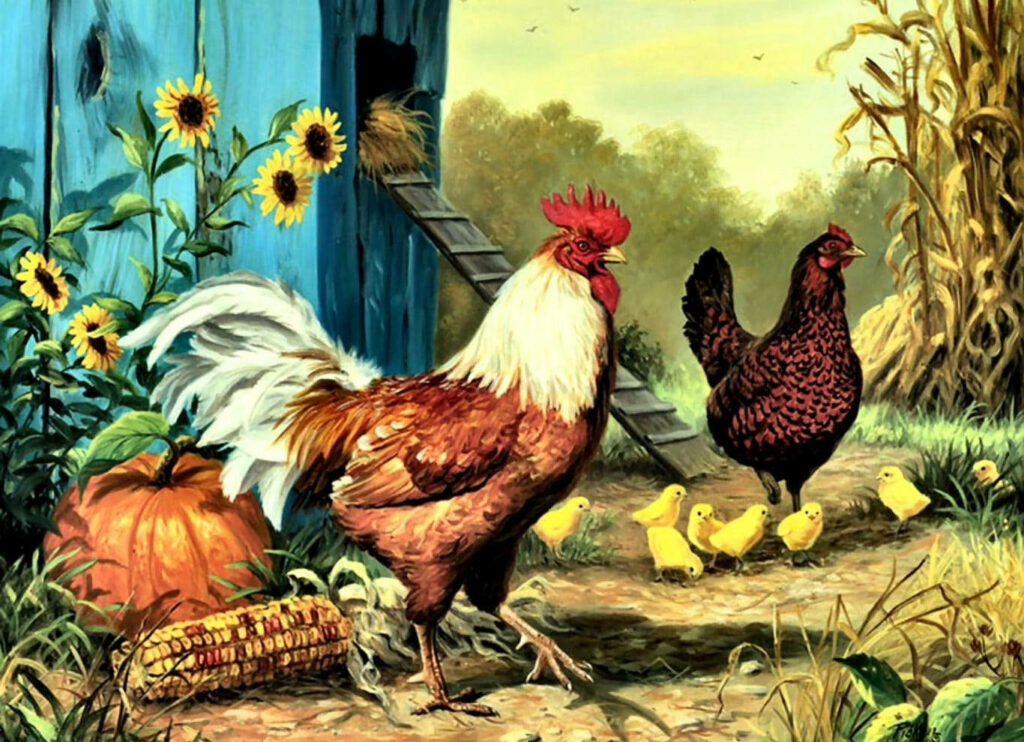 Charming Farm Wallpaper: Rooster, Hen & Cheerful Chicks in Rural Bliss