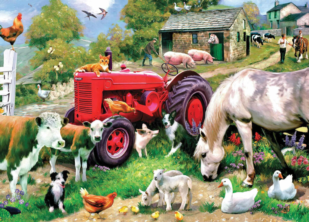 Vibrant Farm Animals Digital Wallpaper with Rustic Tractor Scene