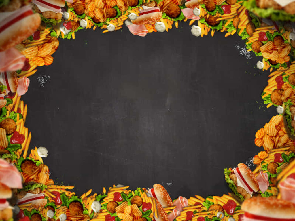 Delicious Fast Food Wallpaper with Blackboard Center & Tasty Borders