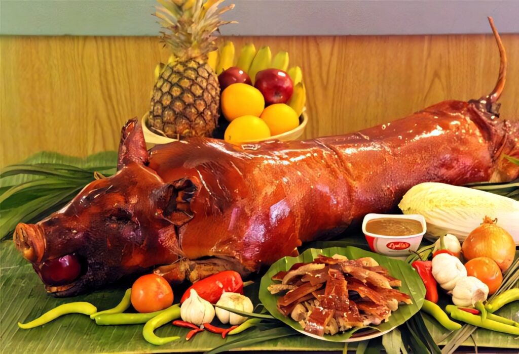 Vibrant Feast Wallpaper: Roasted Lechon, Fresh Fruits & Veggies