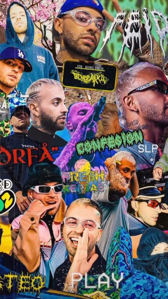 Vibrant digital collage wallpaper of Colombian reggaeton star Feid with neon graphics and text