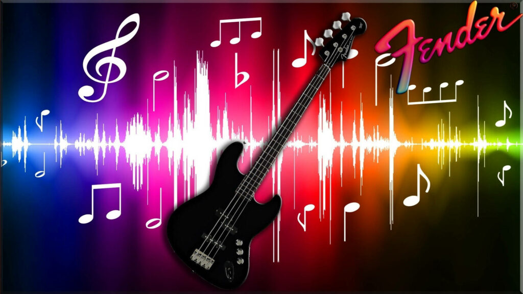 Vibrant Fender Bass Guitar Wallpaper with Music Notes & Soundwaves