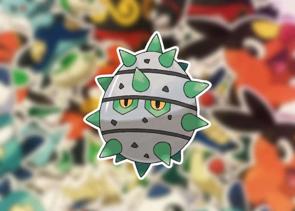 Ferroseed Pokémon digital wallpaper with metallic spikes and white outline on colorful collage background