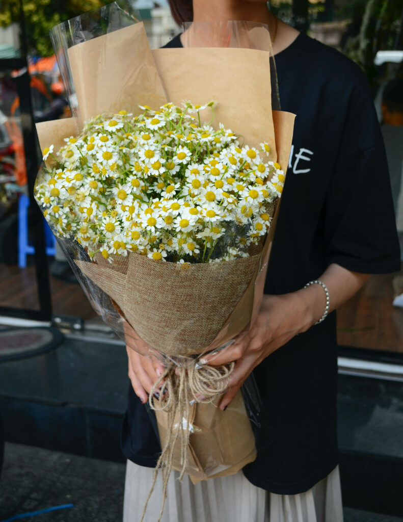 Elegant Feverfew Bouquet in Rustic Paper - Boutique Flower Shop Wallpaper