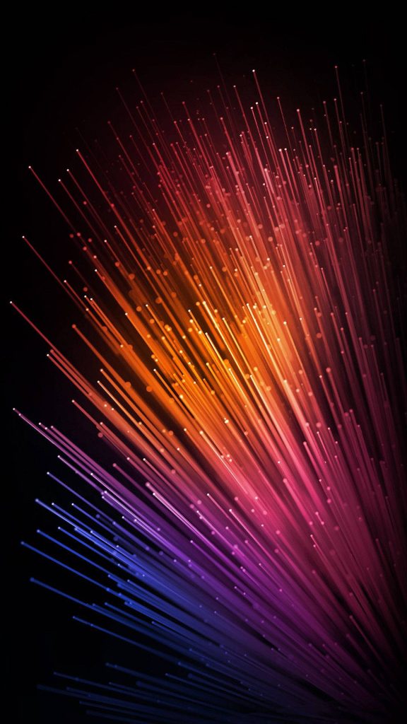Abstract iPhone wallpaper with vibrant fiber optic light trails in blue purple orange gold hues