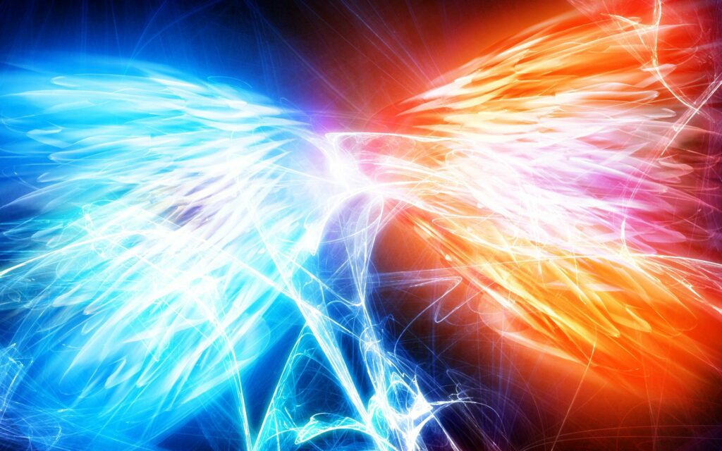 Vibrant Abstract Wallpaper: Fiery Wings in Electric Blue & Orange