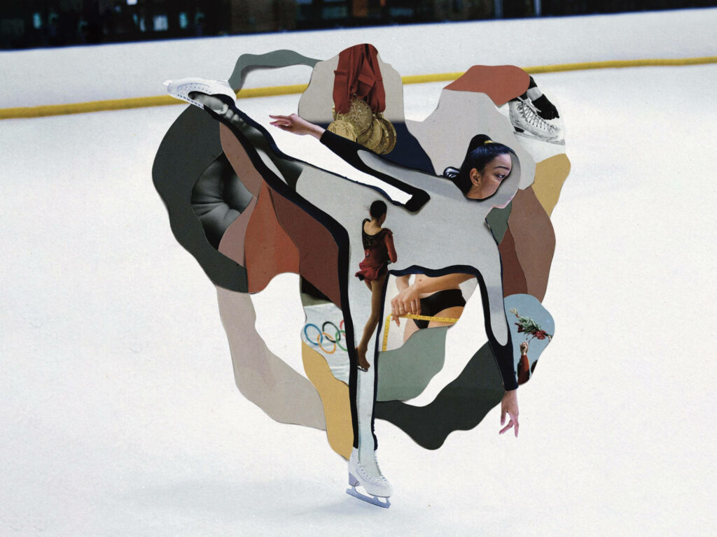 Dynamic figure skating wallpaper with vibrant colors and graceful split pose collage background