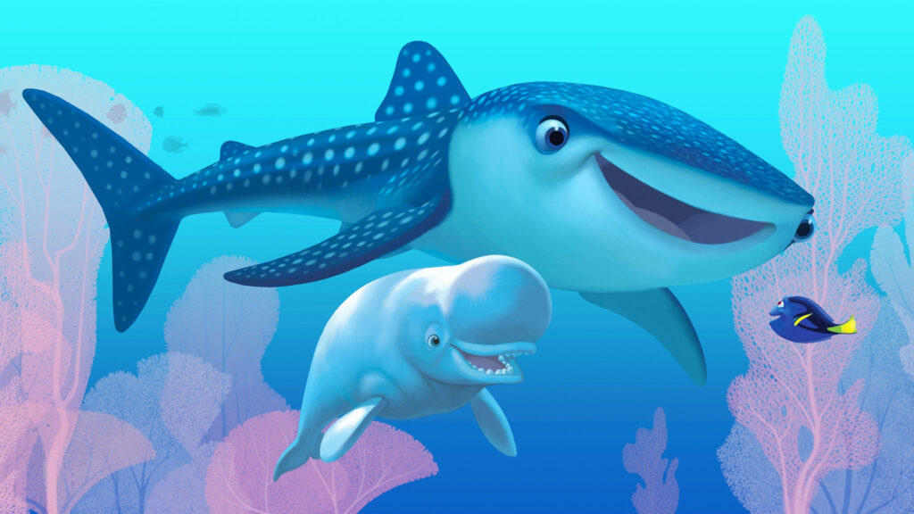 Finding Nemo Wallpaper: Dory, Destiny & Bailey in Vibrant Underwater Scene