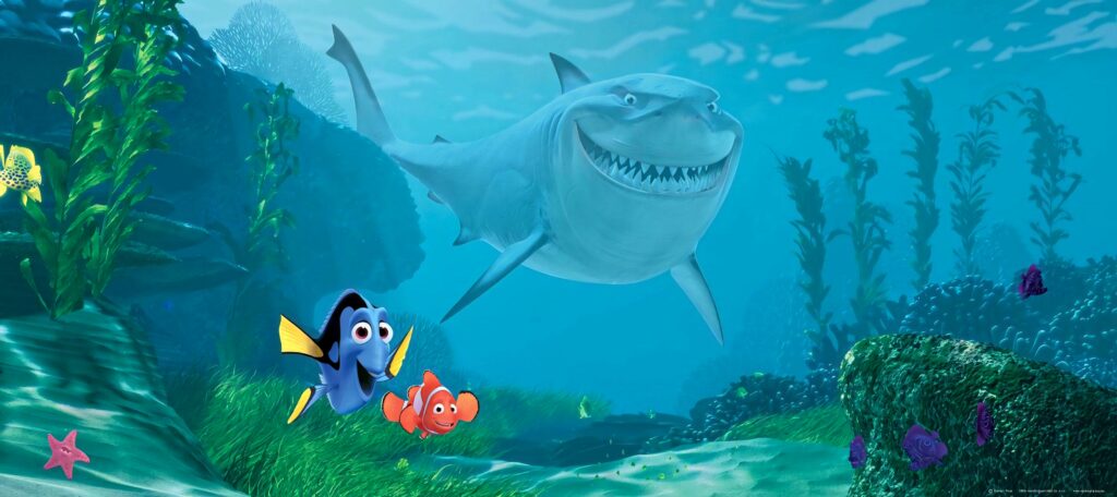 Vibrant Finding Nemo Wallpaper: Dory, Marlin, and Bruce Underwater Scene