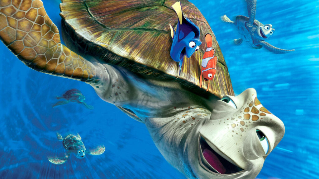 Vibrant Finding Nemo Wallpaper: Dory & Marlin with Crush