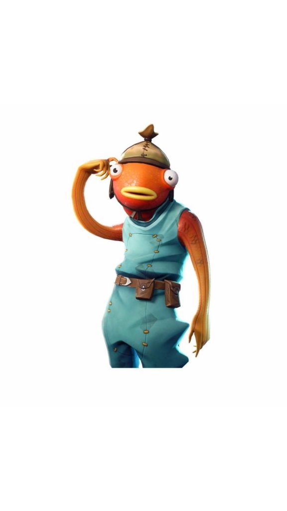 Fishstick Fortnite wallpaper vibrant orange fish character teal outfit brown belt scratching head