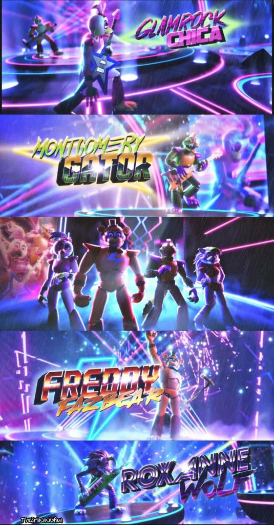 Vibrant Five Nights at Freddys Security Breach wallpaper with Glamrock animatronics in neon stage poses