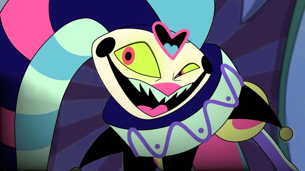 Vibrant Fizzarolli Helluva Boss wallpaper with jester grin sharp teeth neon purple background