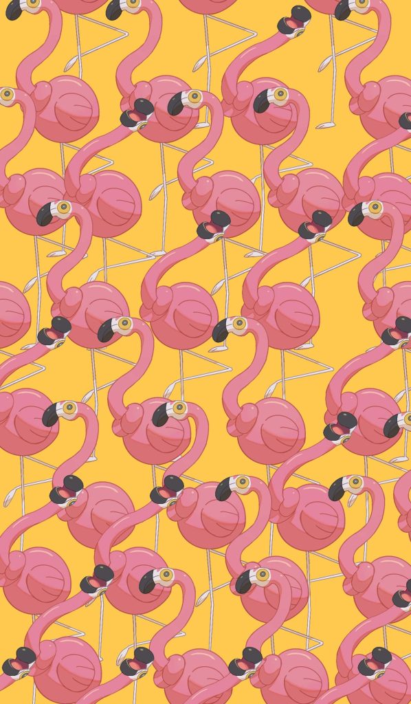 Seamless repeating Flamigo Pokémon pattern on bright yellow background digital wallpaper