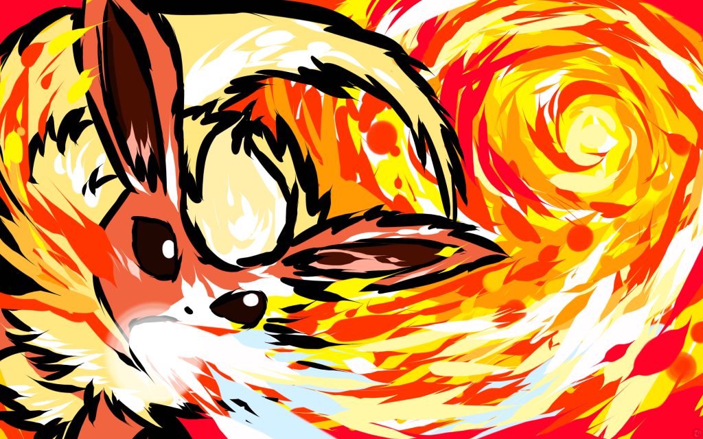 Vibrant Flareon Pokémon fan art close-up with fiery red orange yellow brushstroke background wallpaper