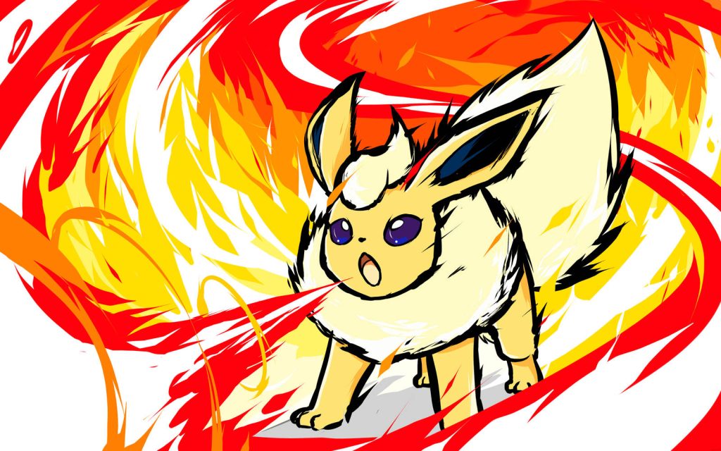 Flareon breathing fire with vibrant red and orange flames dynamic Fire-type Pokémon wallpaper