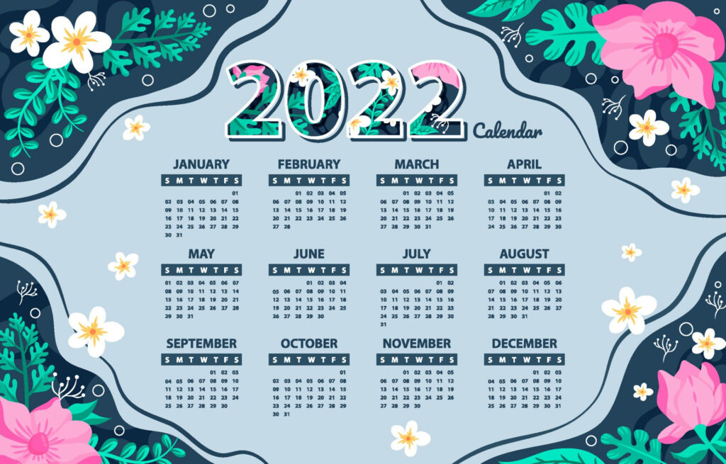 Vibrant 2022 calendar wallpaper with colorful floral design and botanical leaves background