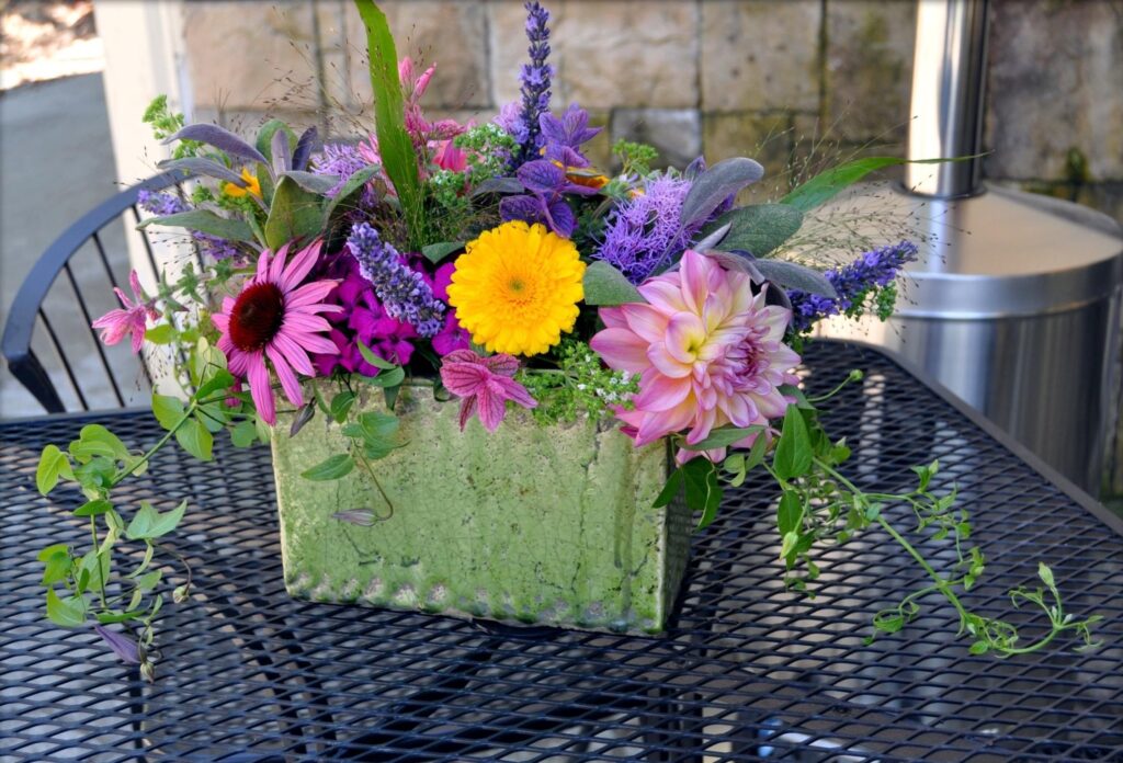 Vibrant Floral Arrangement with Echinacea & Dahlias in Green Vase Wallpaper