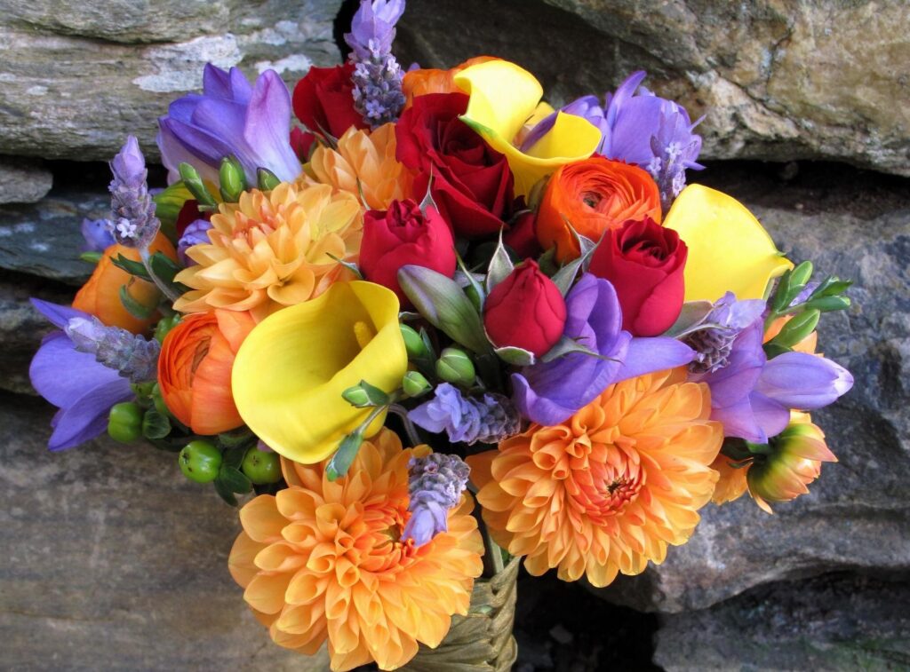 Vibrant Floral Bouquet Wallpaper | Dahlias, Roses & Rustic Background
