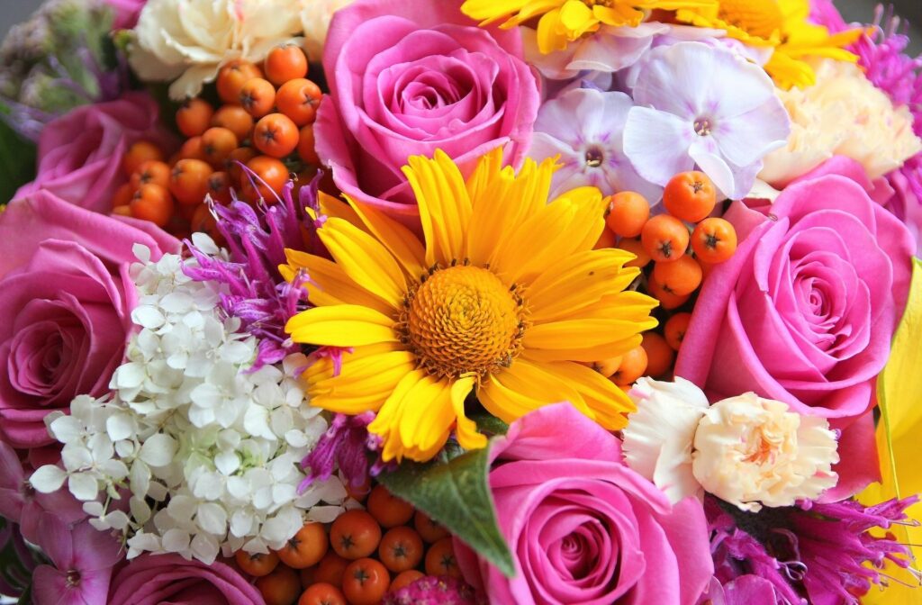 Colorful Floral Bouquet Wallpaper with Roses and Rowan Berries