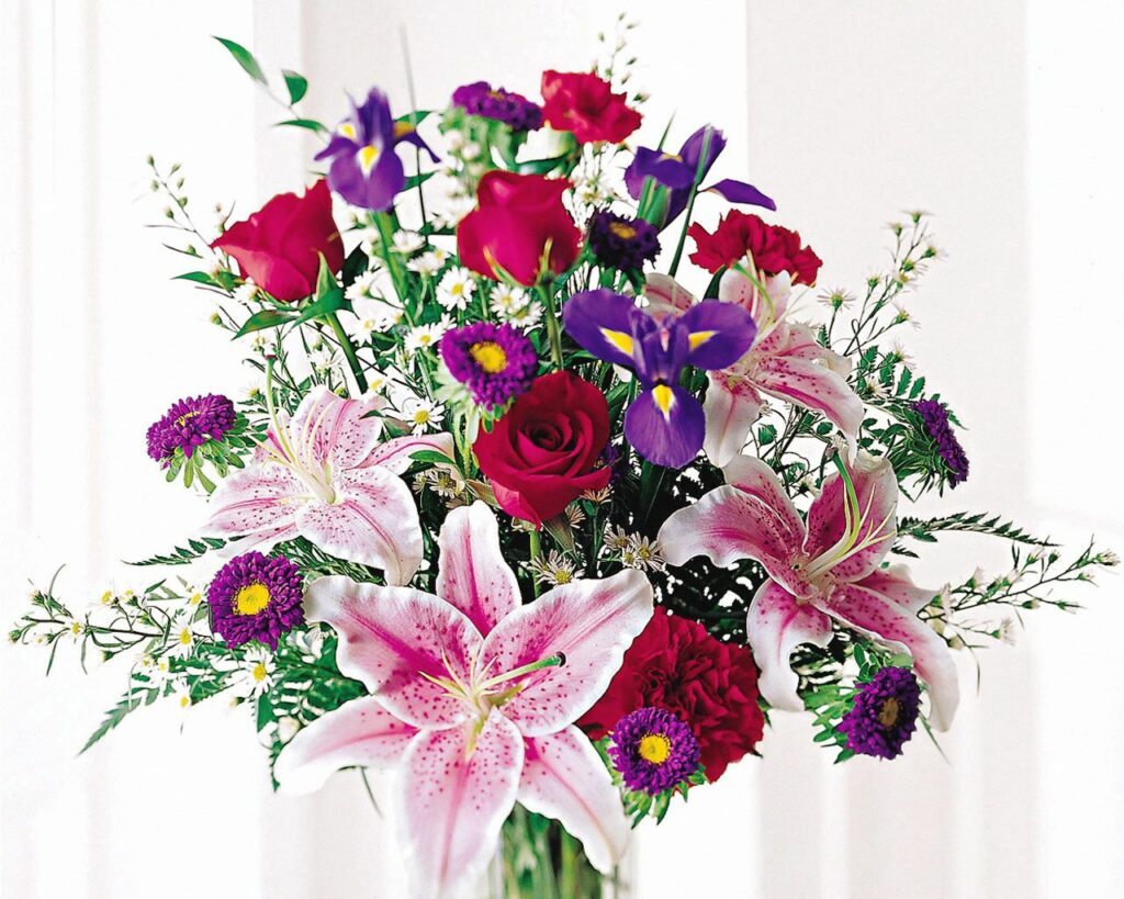 Vibrant Floral Bouquet Wallpaper: Roses, Lilies & More on White