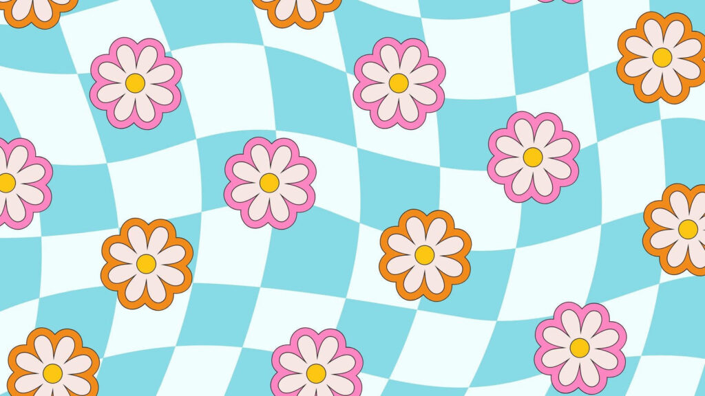 Vibrant Floral Laptop Wallpaper: Daisy Design on Blue Checkered Background