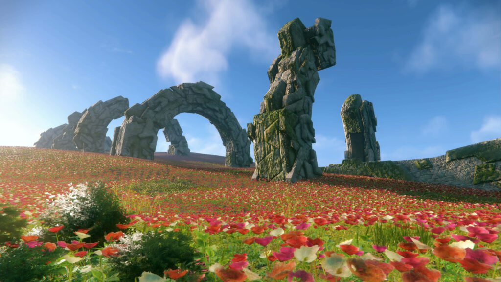 Scenic Floral Meadow Wallpaper: Lush Green Grass & Archways
