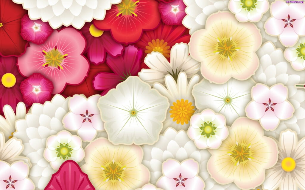 Vibrant Floral Masterpiece: Detailed Flower Prints in Red, Yellow, White, and Pink - Exquisite Vector Art For QHD Wallpaper Background