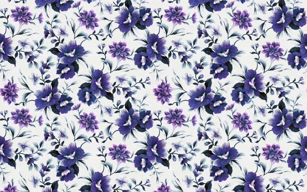 Vintage floral wallpaper with violet blooms and delicate leaves on textured off-white background