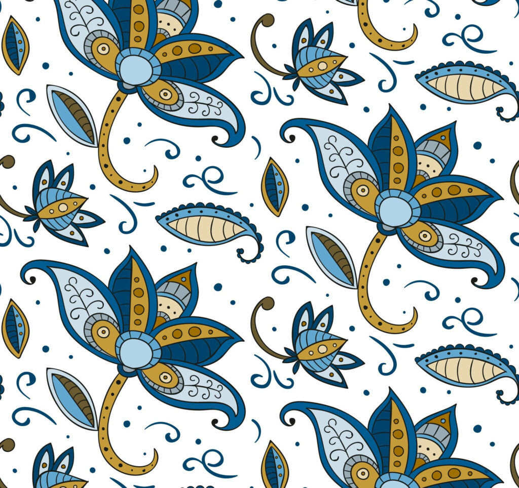 Vibrant Blue and Gold Floral Batik Wallpaper Background Design