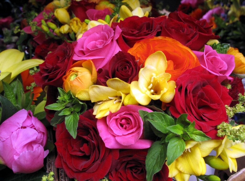 Vibrant Bouquet Wallpaper: Roses, Ranunculus & Freesia on Green