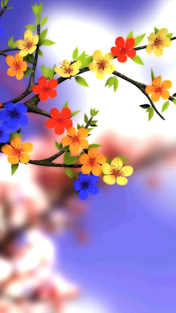 Whimsical Floral Branch Wallpaper: Colorful Designs Against a Blurred Sky
