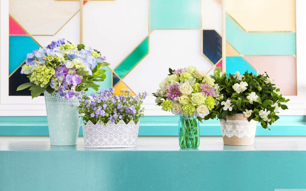 Vibrant Floral Vases on Geometric Background - Aesthetic Wallpaper