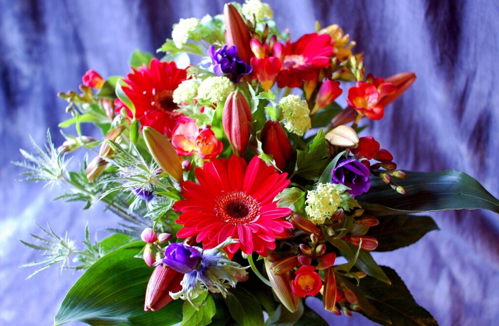 Vibrant Bouquet Wallpaper: Gerberas, Lilies, and Freesia on Soft Background