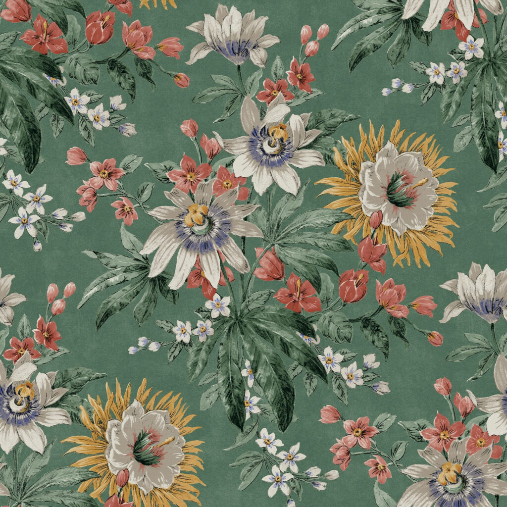 Vibrant Botanical Wallpaper with Intricate Flowers on Viridian Background