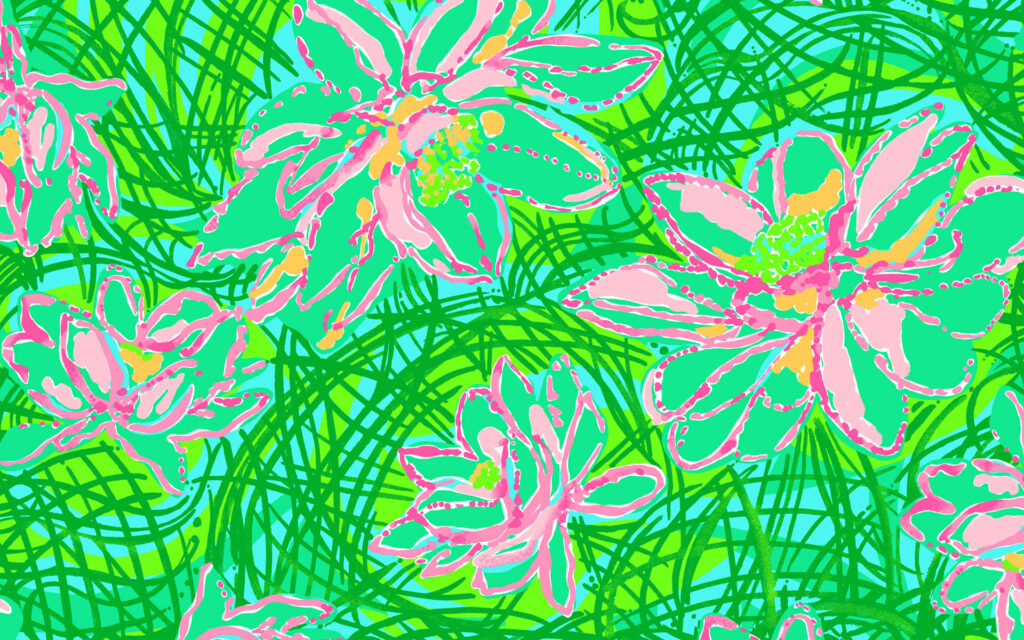 Lively Floral Wallpaper in Green, Pink & Orange - Lilly Pulitzer Style