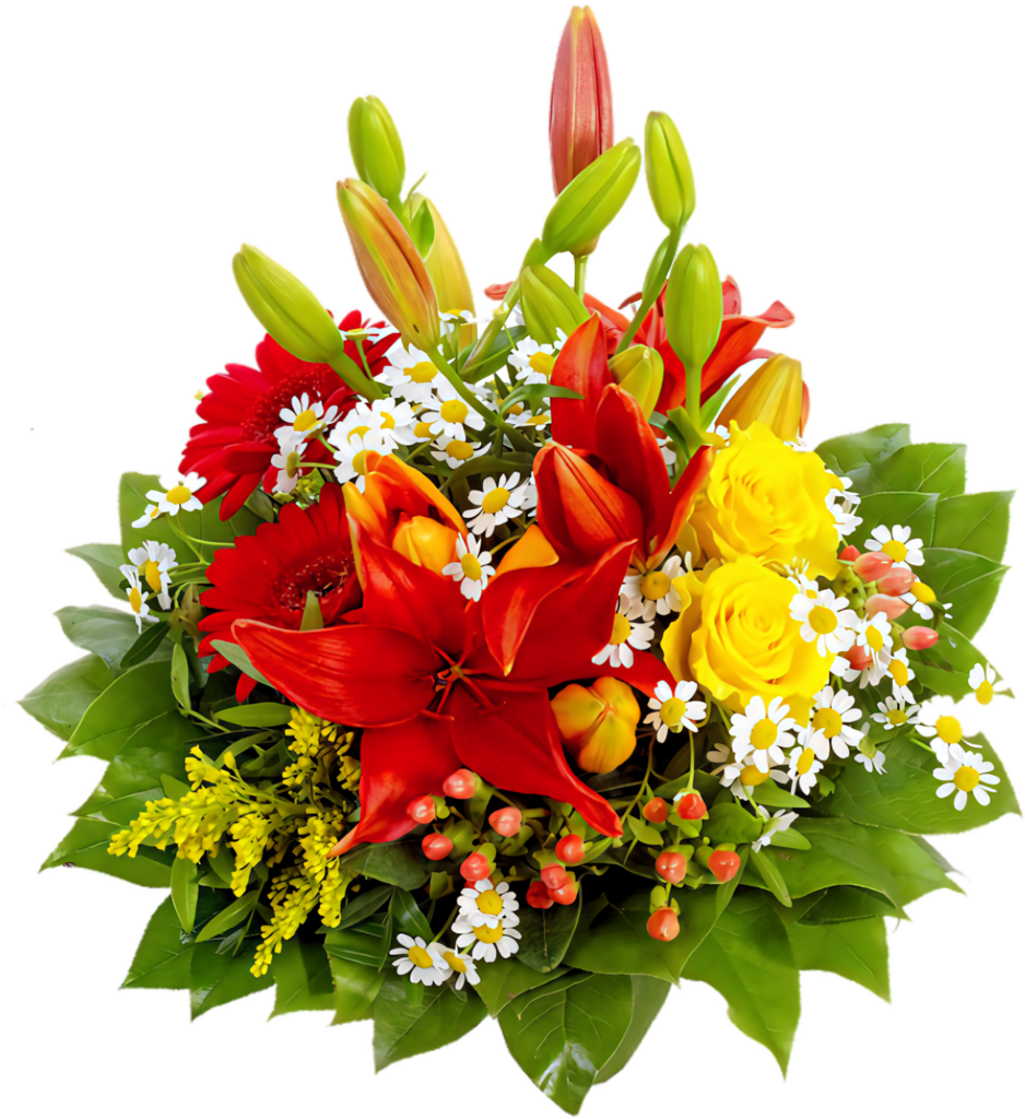 Vibrant Floral Arrangement with Red Lilies, Yellow Roses & Daisies Wallpaper