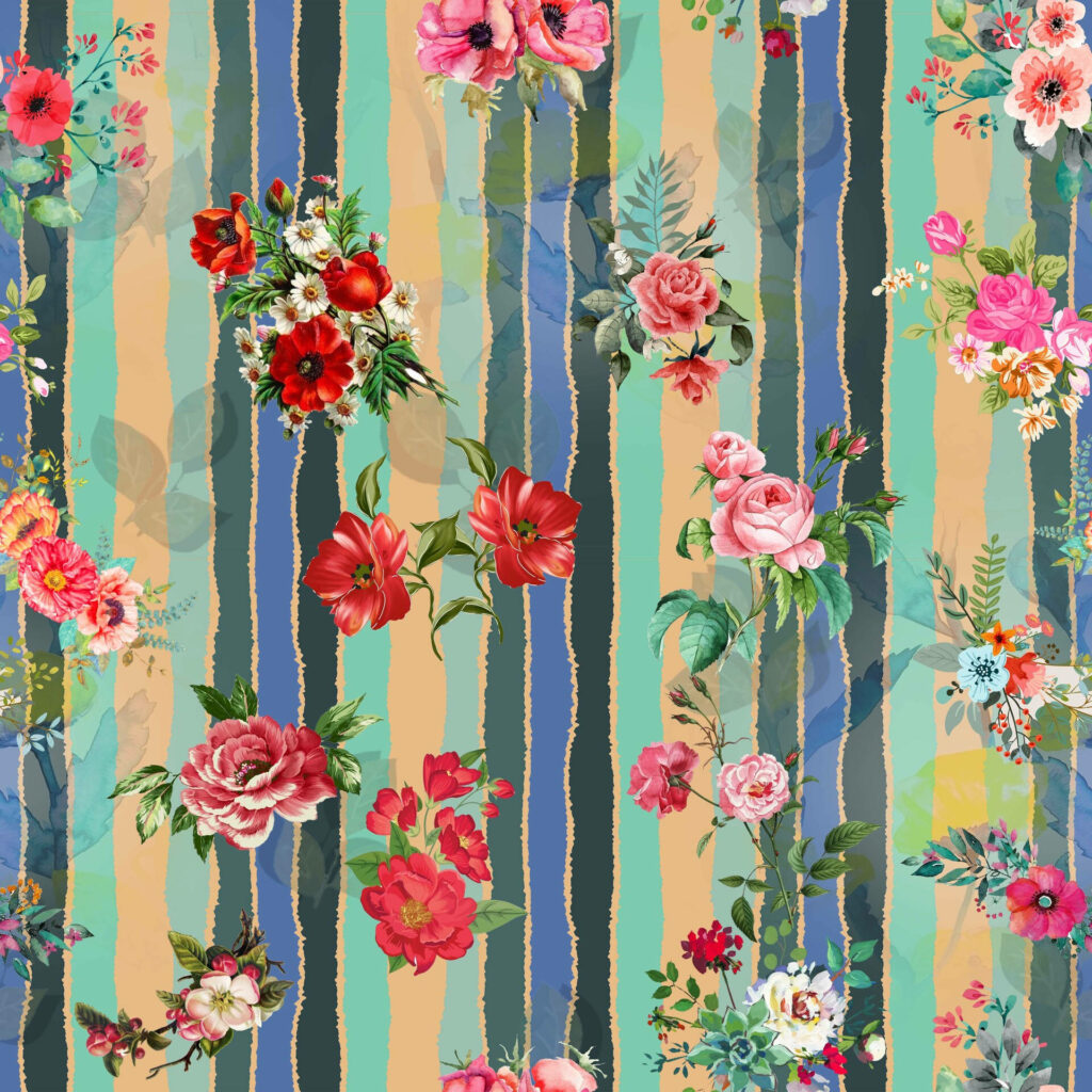 Vibrant Floral Wallpaper with Bold Stripes - Colorful Background Design
