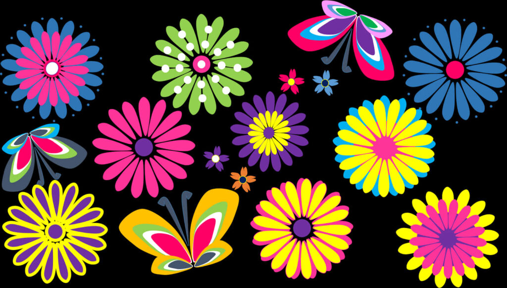 Vibrant Floral Wallpaper with Butterflies in Bright Colors