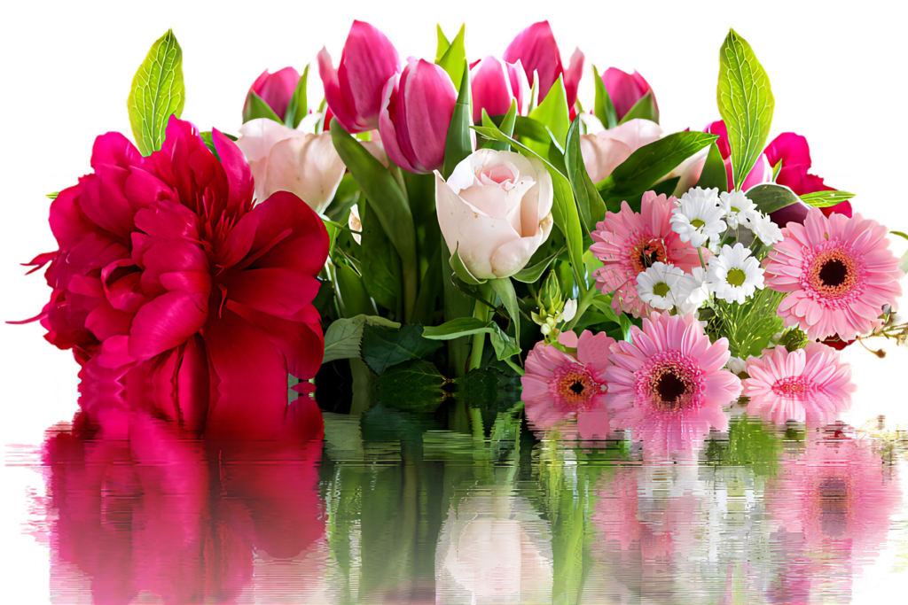 Vibrant Floral Wallpaper: Colorful Tulips, Roses & Daisies Reflection