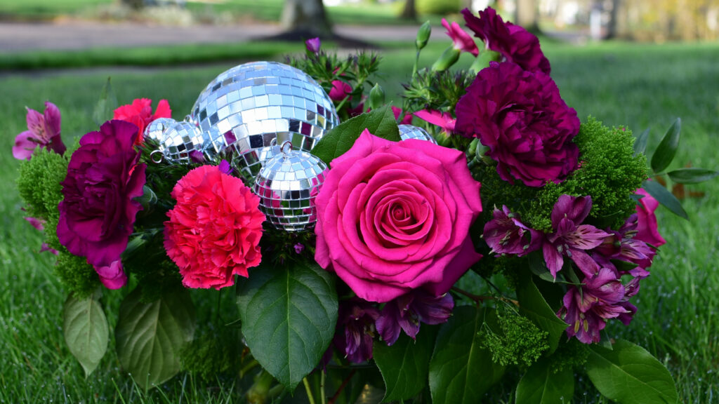 Vibrant Floral Wallpaper with Roses, Green Leaves & Disco Ball