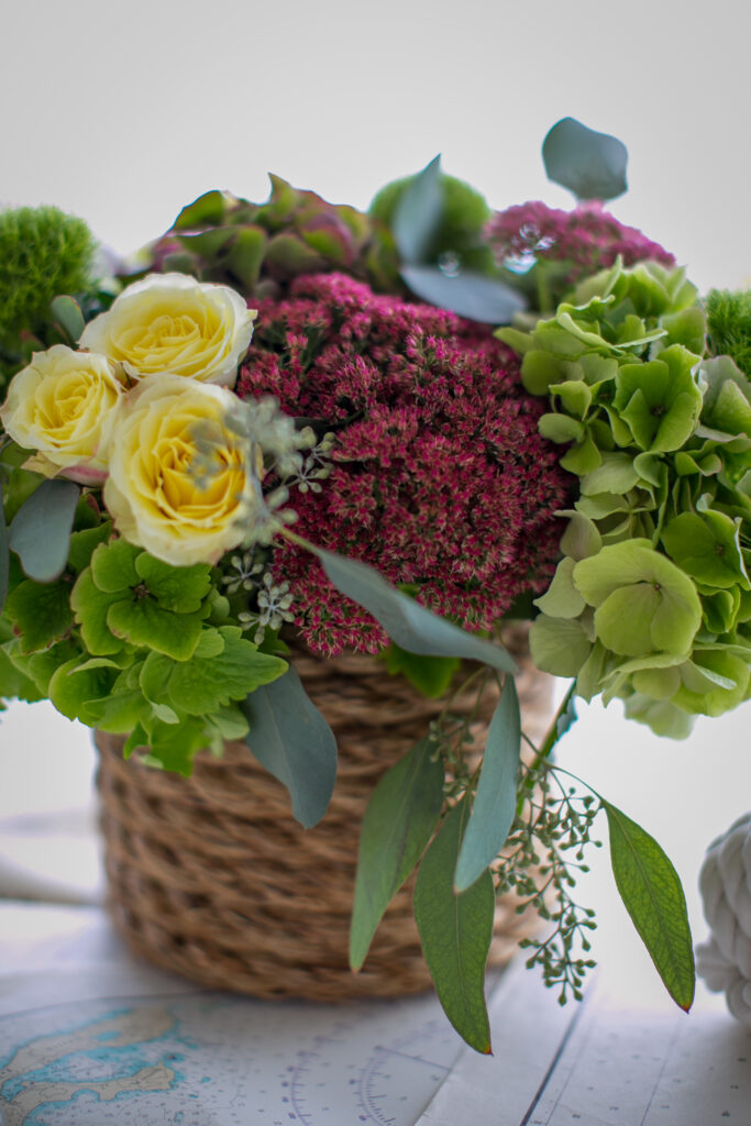 Elegant Flower Bouquet Wallpaper: Roses in Woven Basket Background