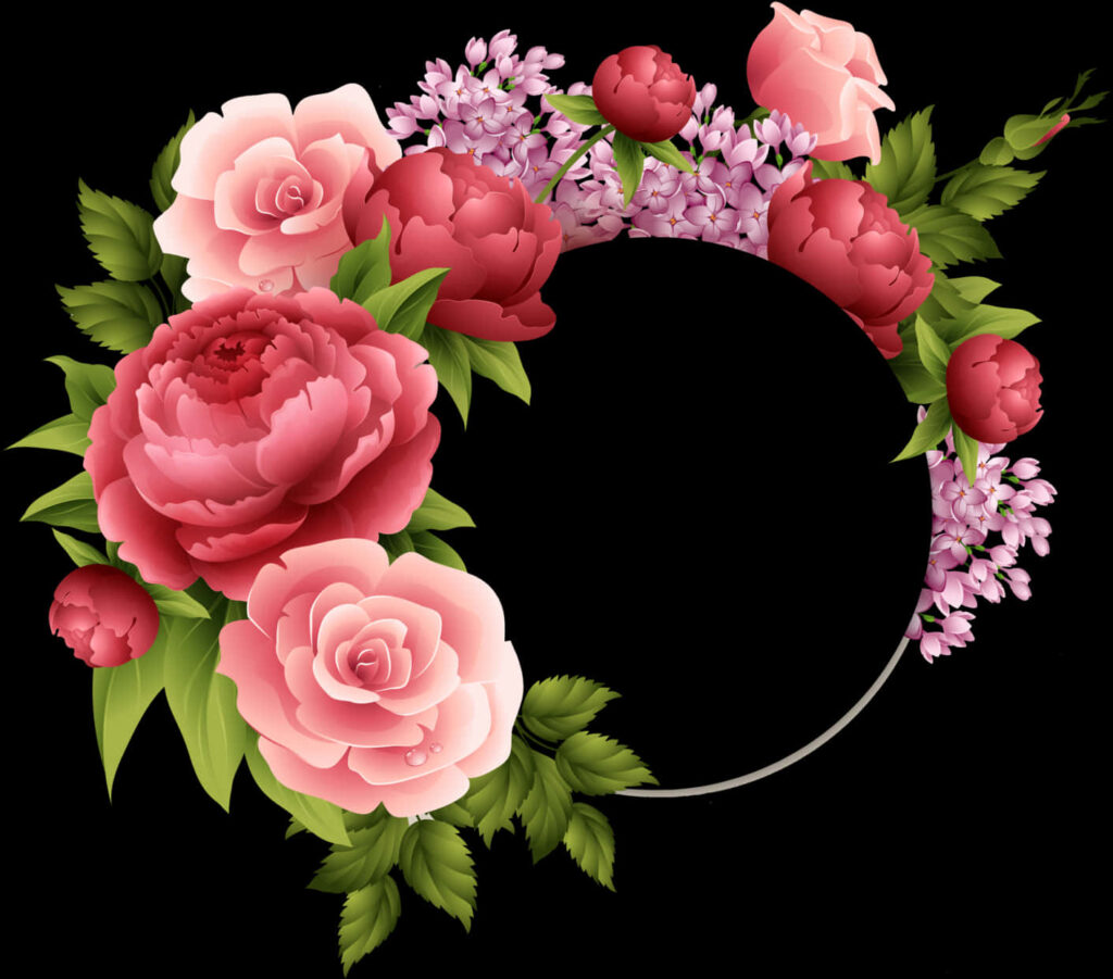 Vibrant Floral Wreath of Pink Roses & Peonies on Black Background Wallpaper