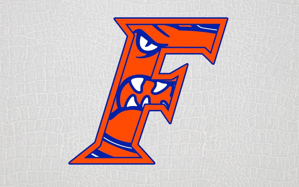 Florida Gators wallpaper with orange blue F logo and fierce alligator on grey textured background