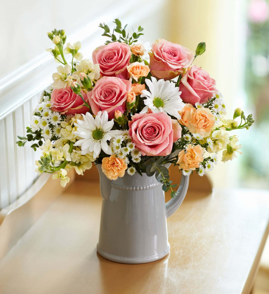 Vibrant Floral Wallpaper: Pink Roses & White Daisies in Gray Pitcher