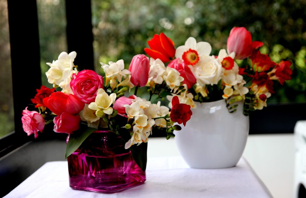 Vibrant Flower Bouquet Wallpaper: Roses, Tulips & Freesia Beauty